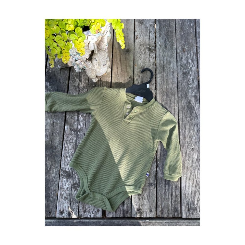 Y2K Sears Baby Green Ribbed Knit Bodysuit Long Sleeve Sz 18M